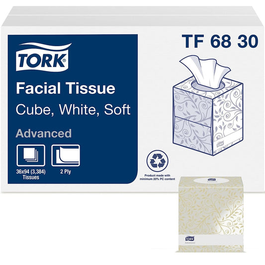 Tork Advanced Facial Tissue, 2-Ply, White, Cube Box, 94 Sheets/Box, 36 Boxes/Carton (TF6830)