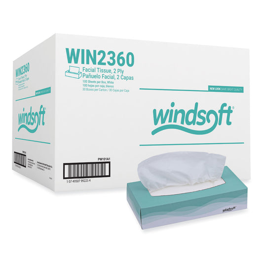 Windsoft Facial Tissue, 2 Ply, White, Flat Pop-Up Box, 100 Sheets/Box, 30 Boxes/Carton (2360)