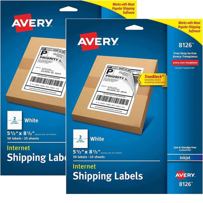 Avery Shipping Labels w/ TrueBlock Technology, Inkjet Printers, 5.5 x 8.5, White, 2/Sheet, 25 Sheets/Pack (8126) - 2 Pack